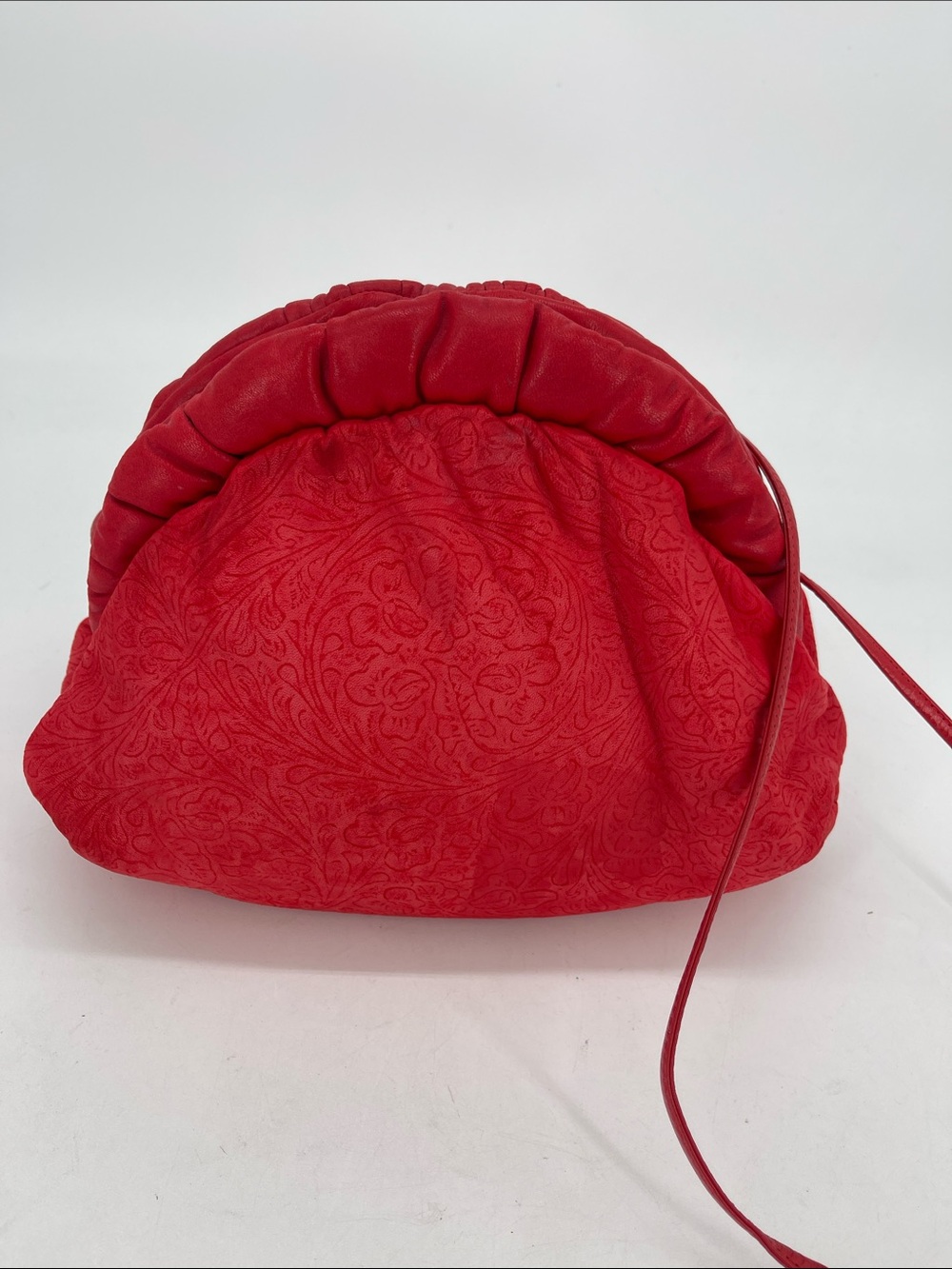 Vintage Margolin Elegant Red Gathered Shoulder Bag with Subtle Pattern